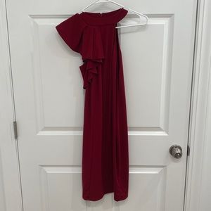 Burgundy high neck dress with ruffle on one shoulder. Size XL.